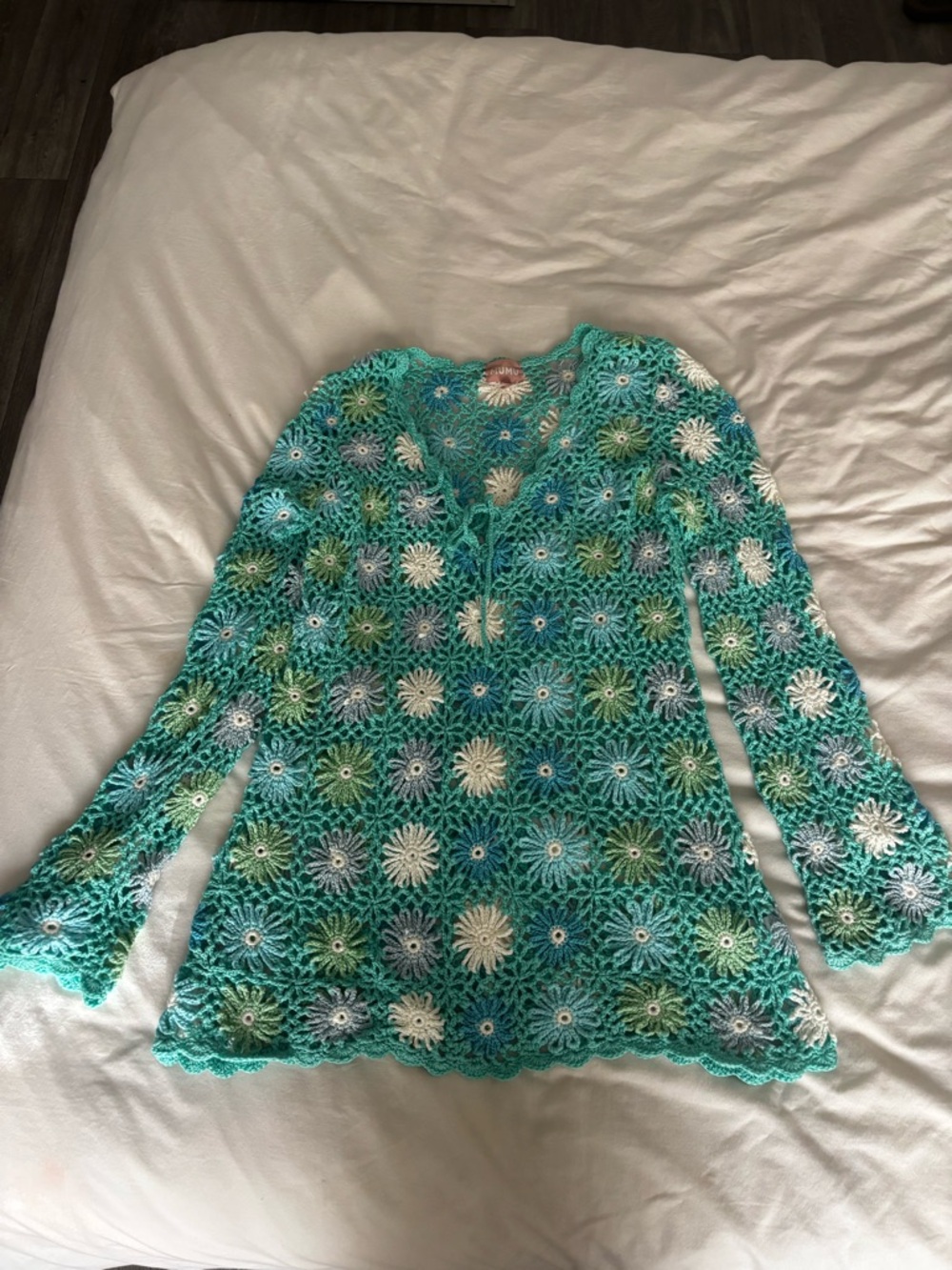 Show Me Your Mumu Crochet Floral Tunic in Teal and White beach cover up